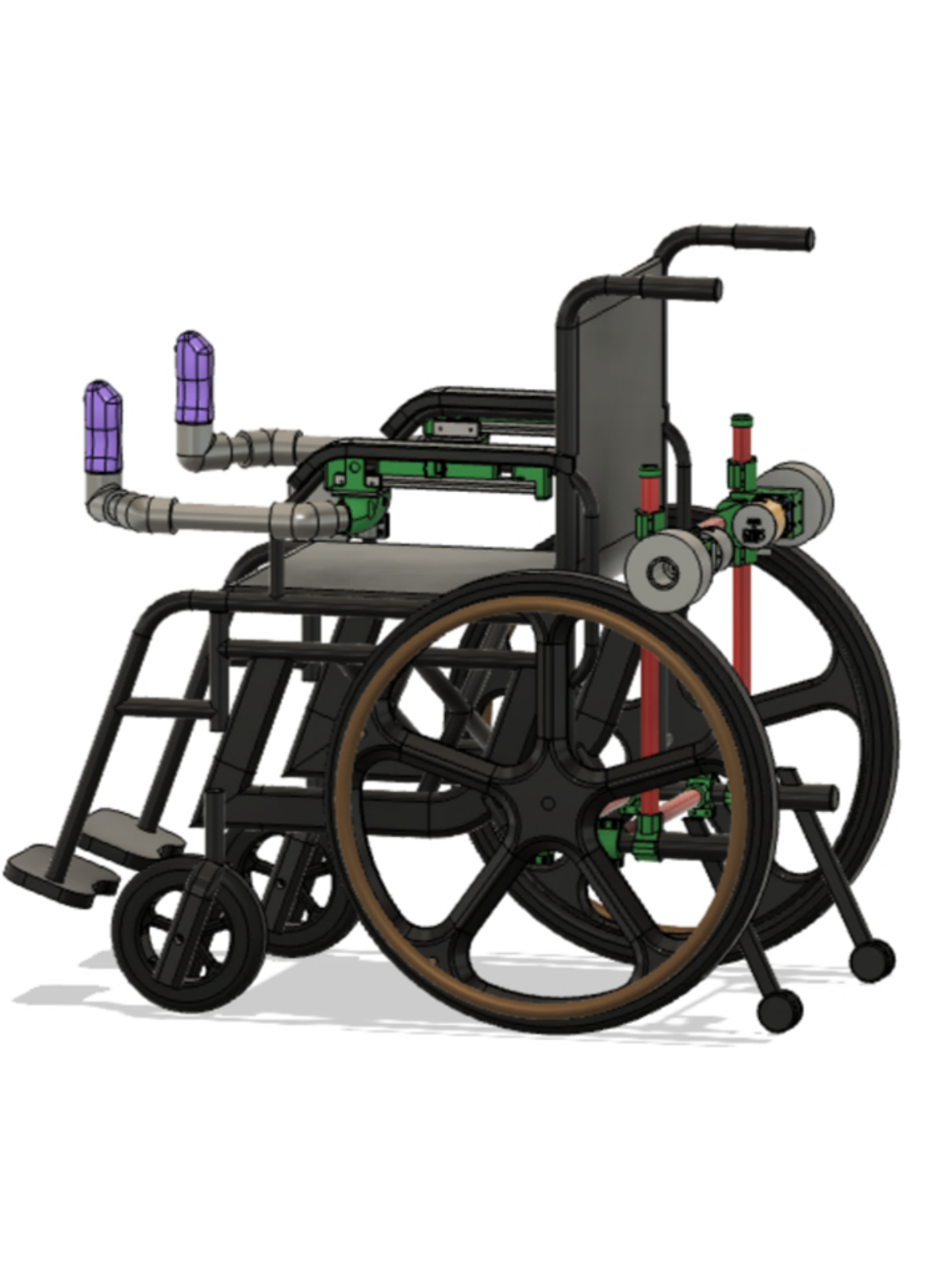 CAD of wheelchair showing bolt-on roller drive and controller routing.