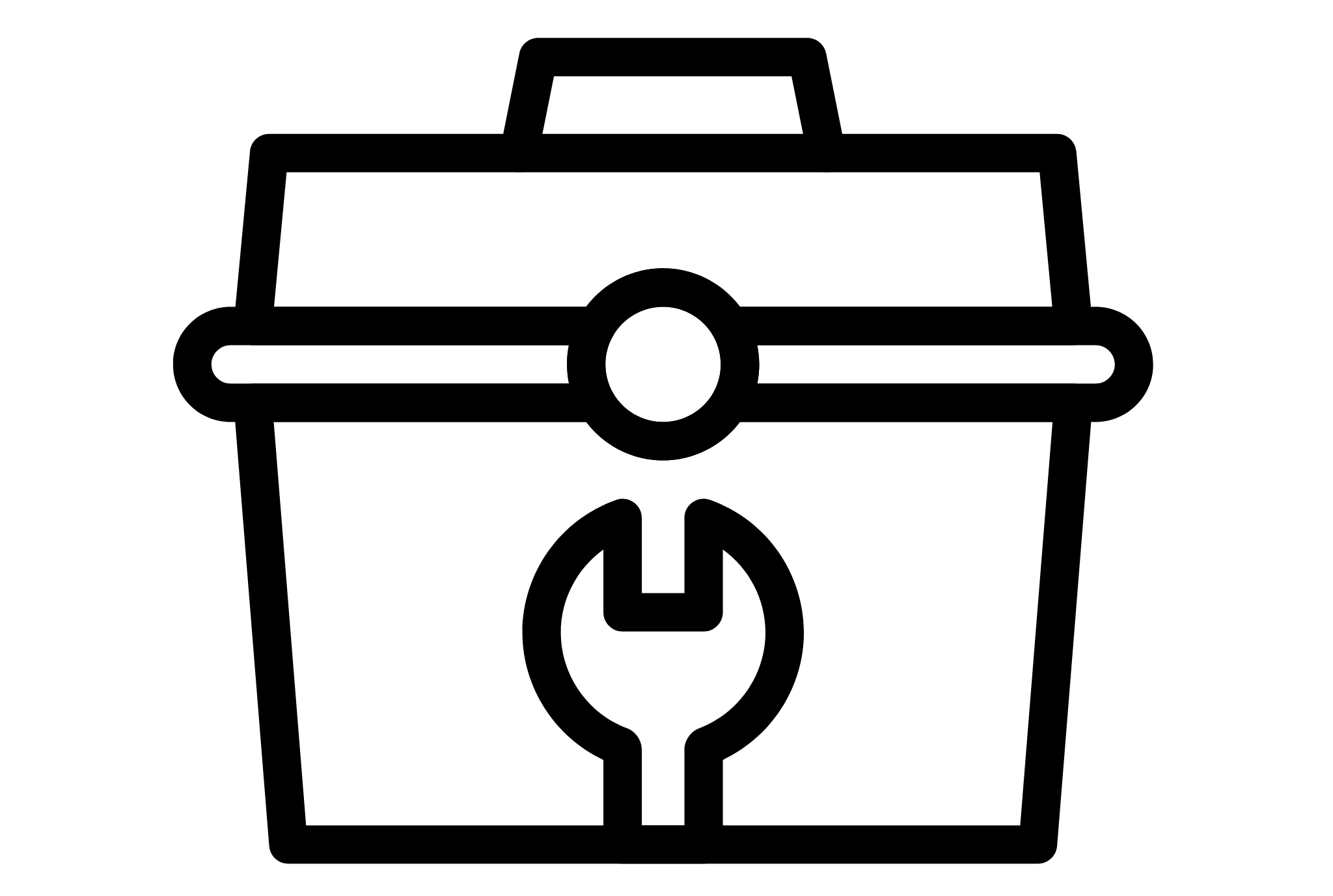 Outline of a toolbox with a handle and a circular lock on the front.