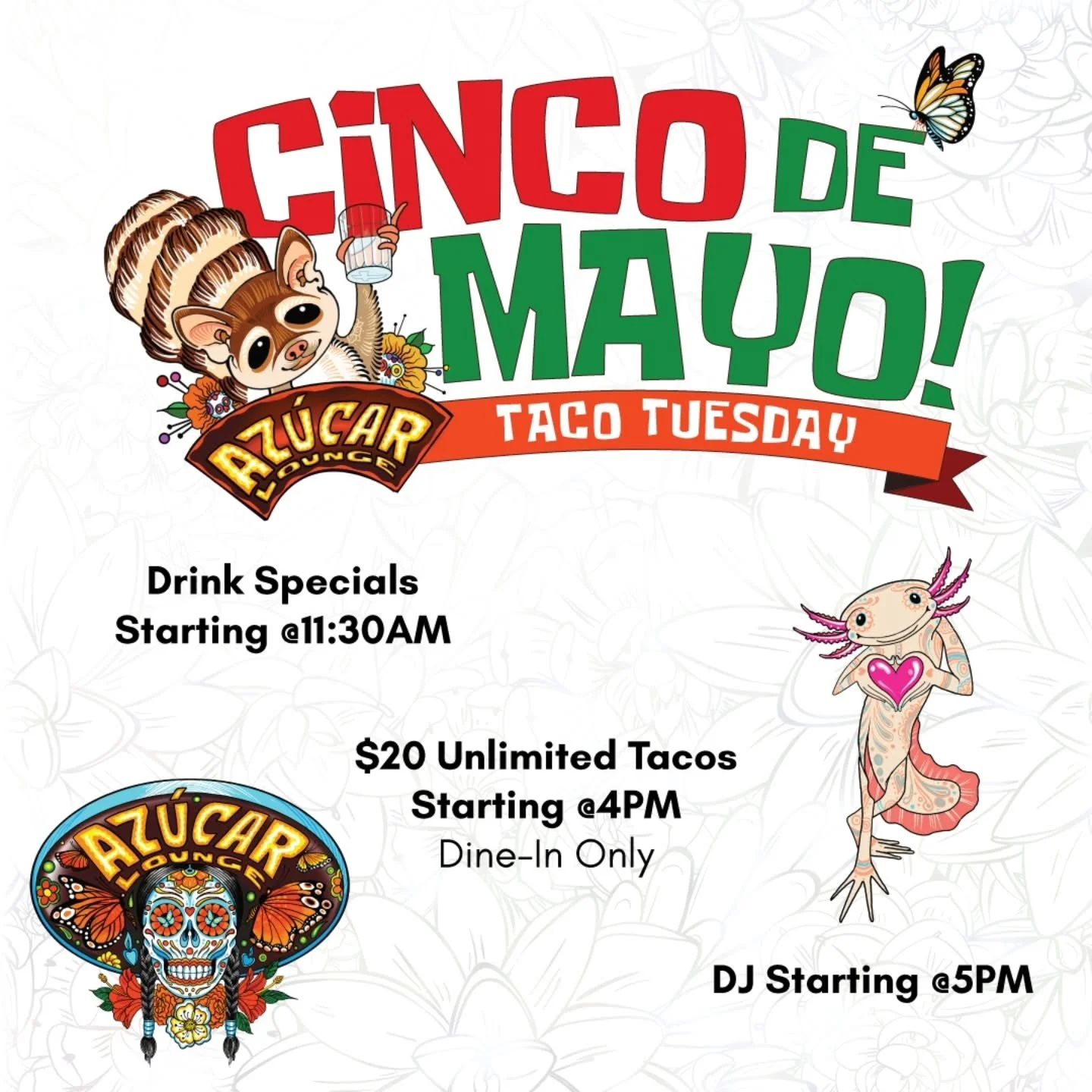 Cinco de Mayo at Az&uacute;car!

Unlimited Tacos 
Drink Specials 

Music!

Make your reservations now! 
Link in our bio