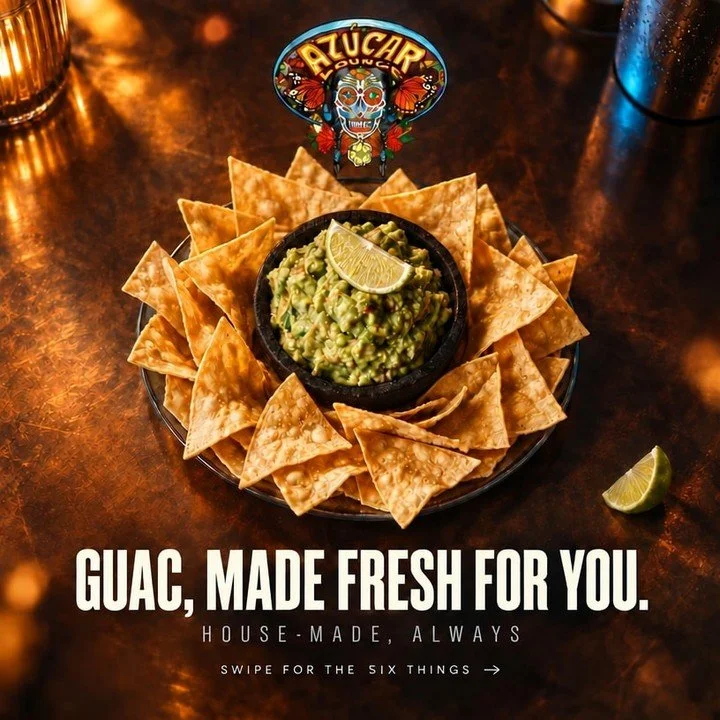 Experience the authentic taste of Mexico with our freshly prepared guacamole and chips. Made in-house, our guac offers a vibrant and flavorful start to your culinary journey at Az&uacute;car Lounge.