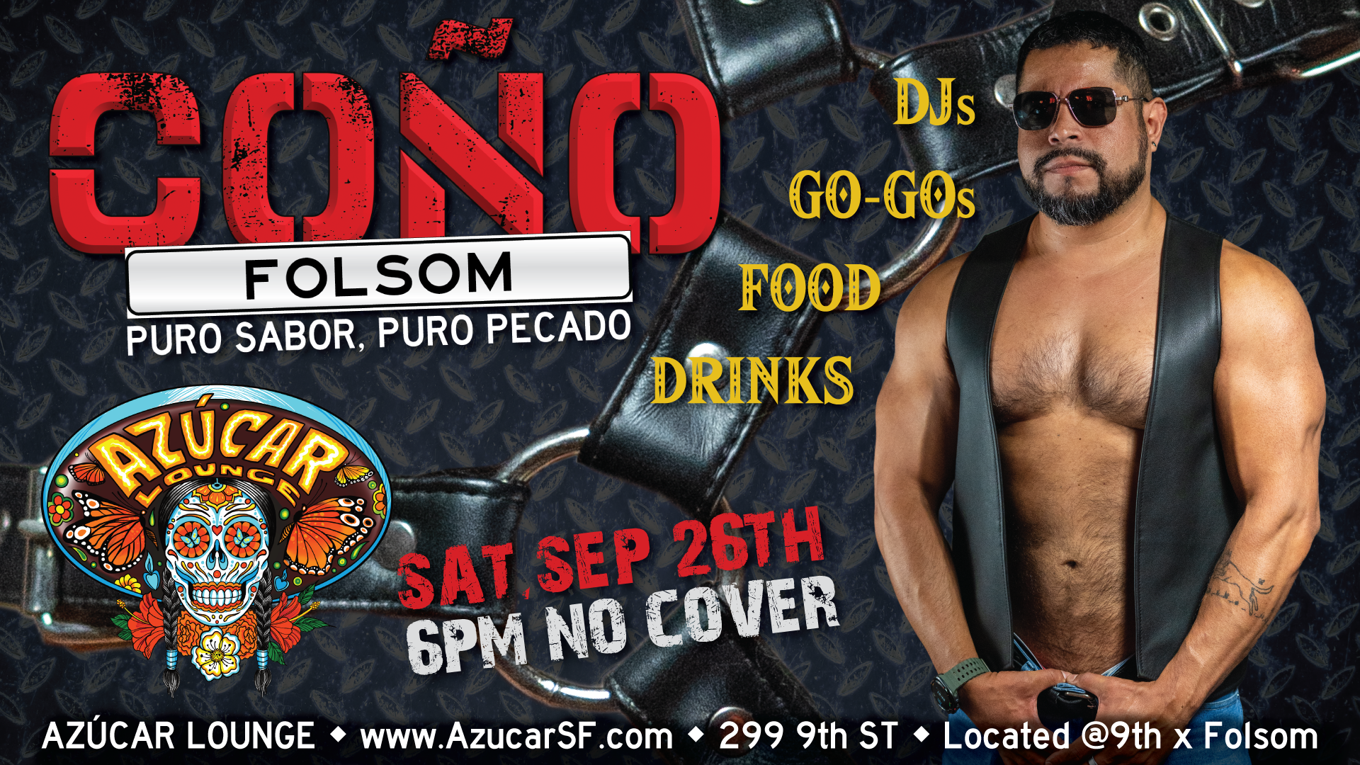 Event poster for a nightclub called Azúcar Lounge featuring a man with sunglasses, a leather vest, and no shirt, standing in front of a dark textured background with a large padlock. The poster promotes a concert with DJ Folsom on Saturday, September 25th, from 6 PM until close, with no cover charge. The poster includes colorful graphics, a sugar skull with butterfly wings, and text indicating food, drinks, and go-go dancing.