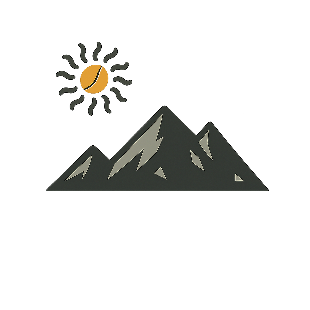 Illustration of snow-capped mountains with a stylized sun in the sky.