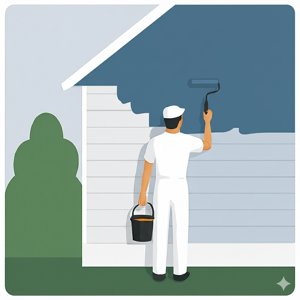 A person painting the exterior of a house with a roller brush, dressed in white, holding a bucket, with a large bush beside them.