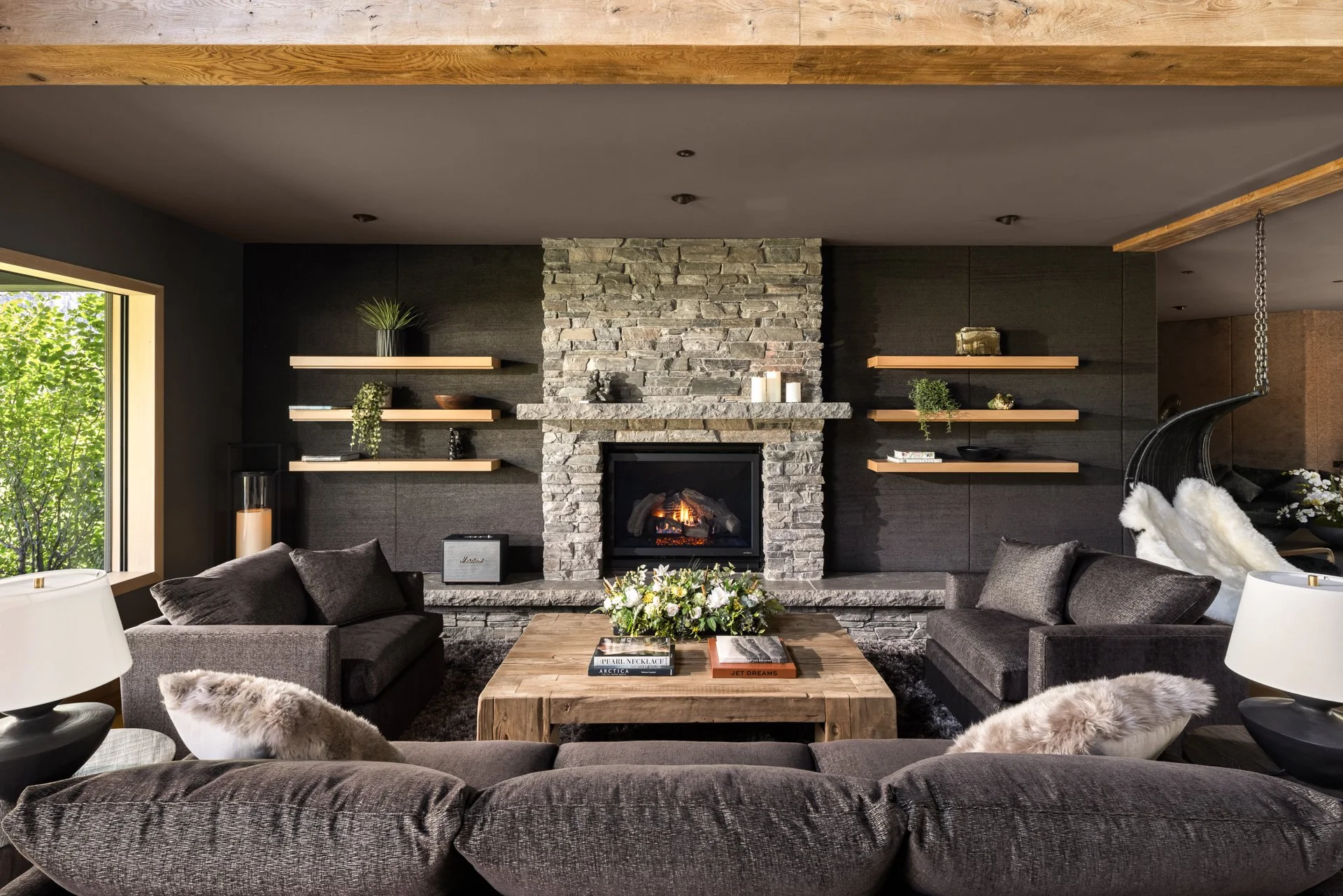 Stone fireplace hearth and mantle