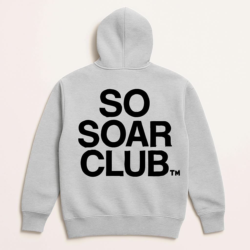 Gray cotton oversized hoodie with large black text that reads "SO SOAR CLUB" on the back.