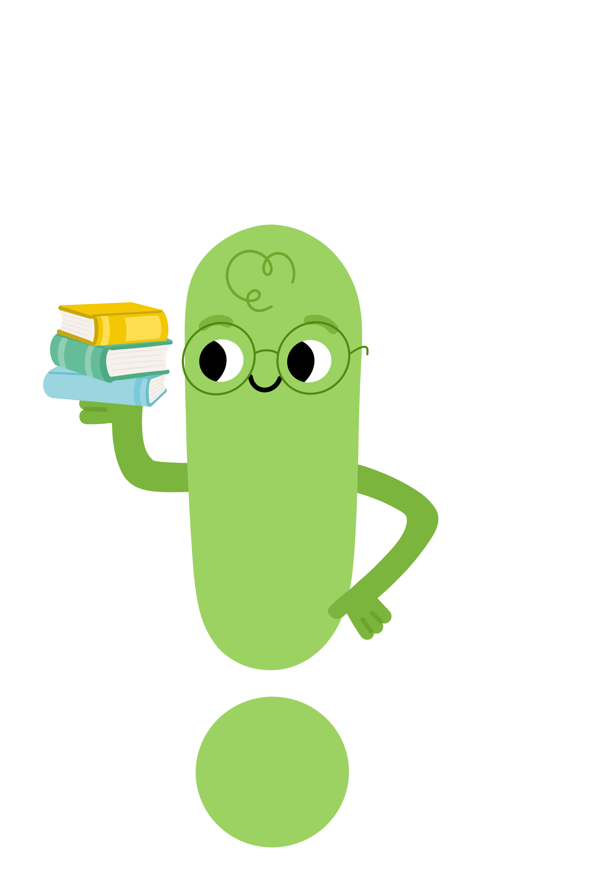 A cartoon illustration of a green cactus character with glasses, smiling, holding a stack of books in its right hand, with a yellow frame empty sign behind it.