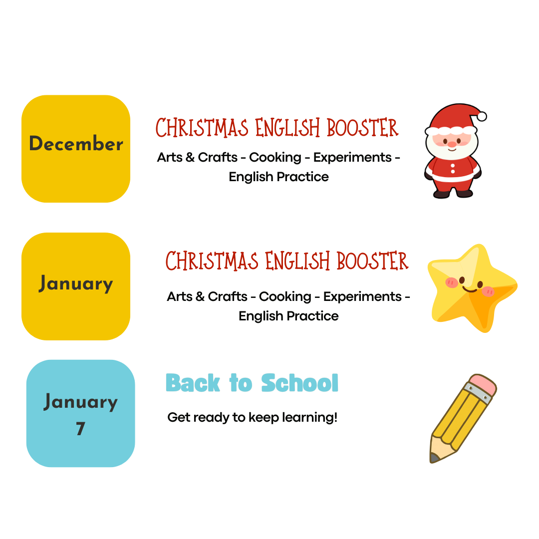 Three colorful banners promoting themed educational activities related to Christmas and back-to-school in January, featuring holiday characters and a pencil illustration.