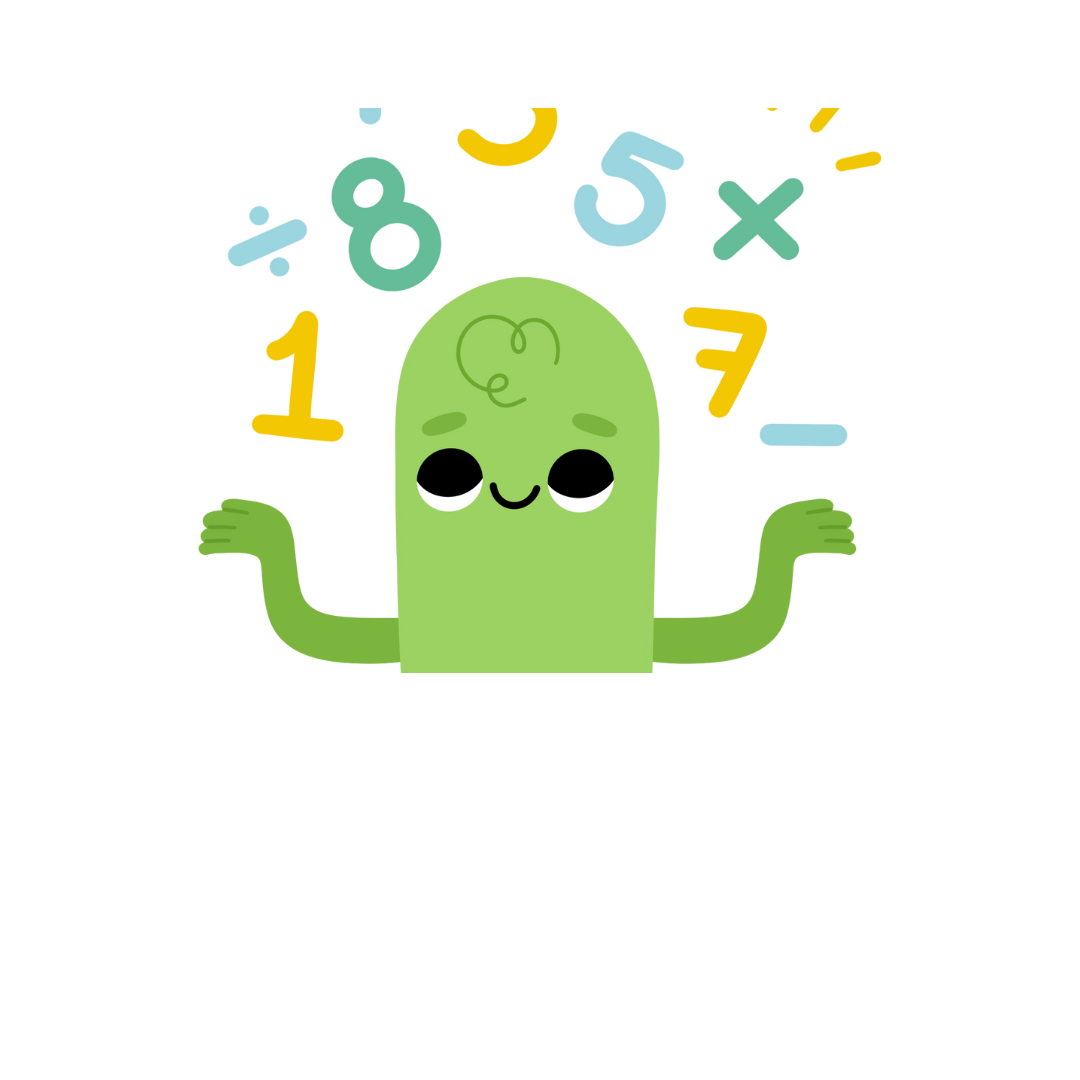 A cartoon illustration of a smiling green cactus with arms raised, surrounded by colorful number and math symbols in the background.