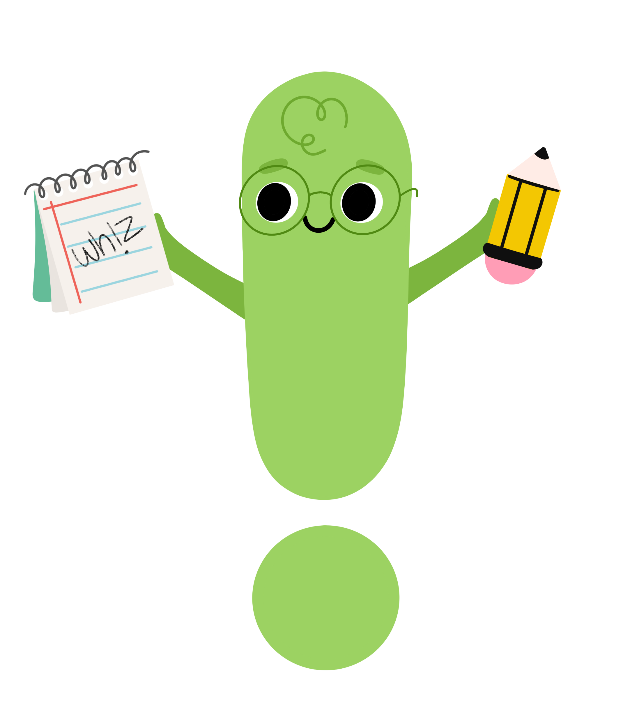 Cartoon green character holding a small contest or quiz board in one hand and a yellow pencil in the other, smiling.