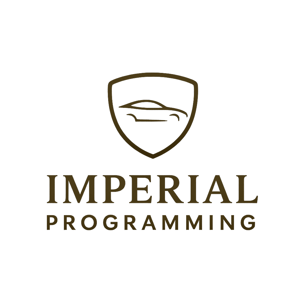 Black logo with a shield containing a stylized car outline above the words "Imperial Programming" in gold lettering.