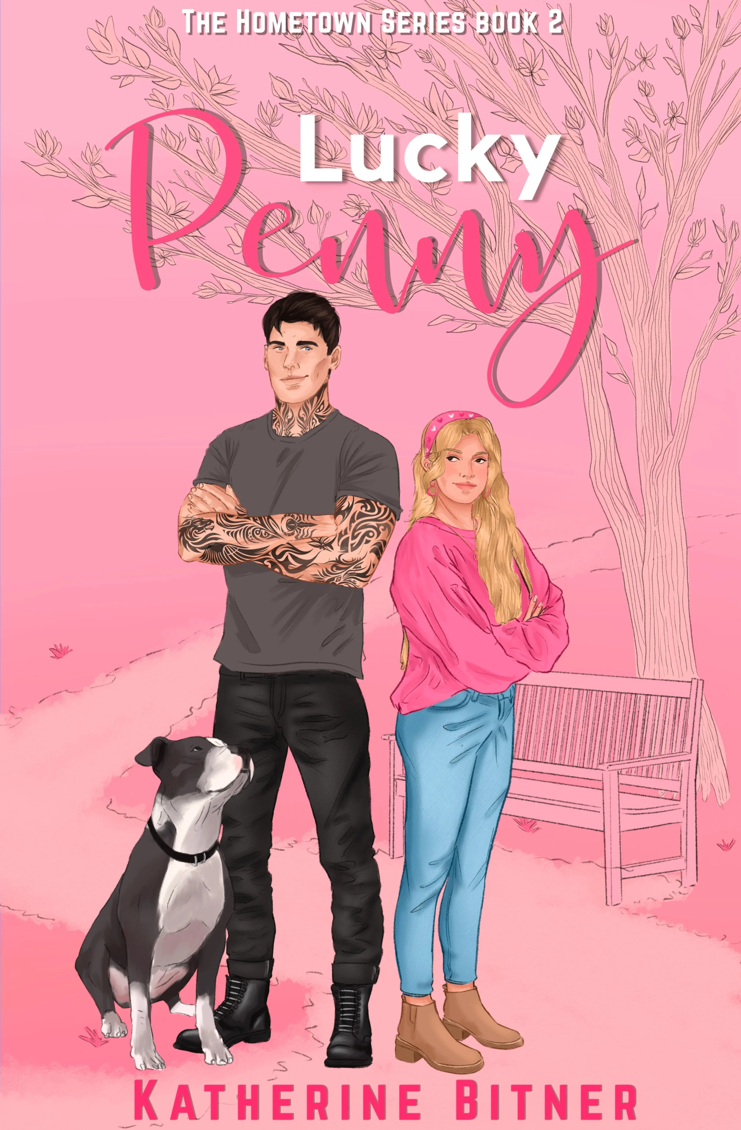 Book cover for 'Lucky Penny' by Katherine Bitner, featuring a digital illustration of a young man with tattoos and a young woman standing outdoors on a pink background with a tree, a bench, and a black-and-white dog looking up at the man.