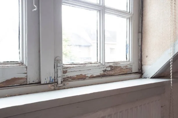 Close-up of a window with peeling paint and cracked trim, with a windowsill and part of a curtain chain visible.