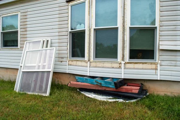 Window screen leaning against the siding of a beige house with four windows, some with blinds, on a grassy yard with stacked lumber and debris beneath the windows.