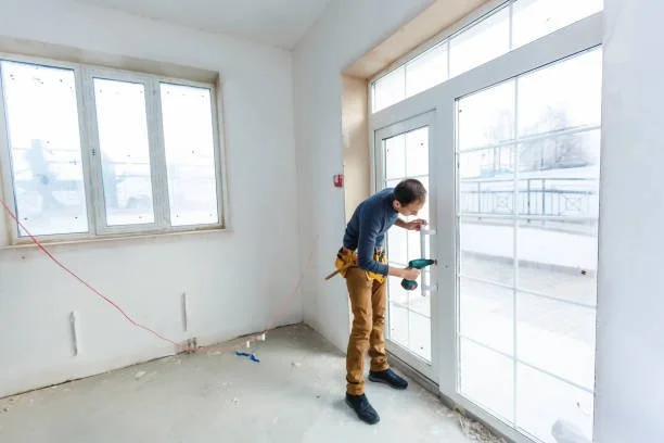 A man installing or repairing a large glass door in a room under renovation, with a cordless drill in his hand.