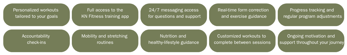 A series ofgreen and dark green text boxes with white text, describing features of a fitness training app and program, including personalized workouts, full app access, messaging support, form correction, progress tracking, accountability check-ins, mobility routines, nutrition guidance, customized workouts, motivation support, and regular program adjustments.