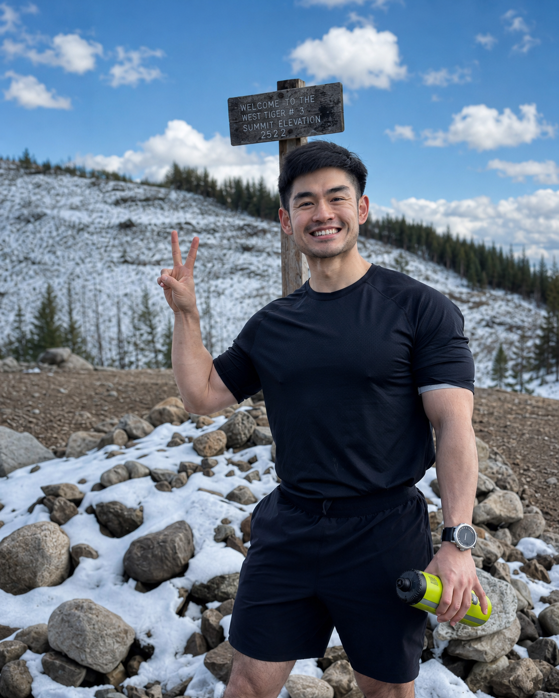 A man smiling and making a peace sign while standing on a snowy mountain trail, holding a water bottle, with a mountain and trees in the background, near a sign that says "Welcome to the West Tiger #3 Summit Elevation 2522".