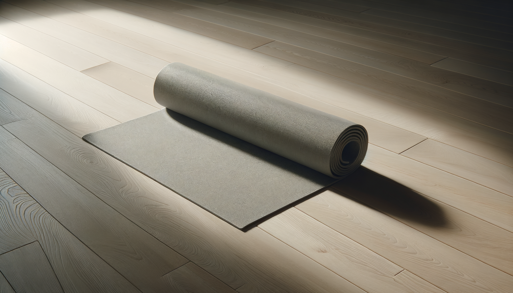 A rolled-up gray yoga mat partially unrolled on a wooden floor, with light shining from the left side creating shadows.