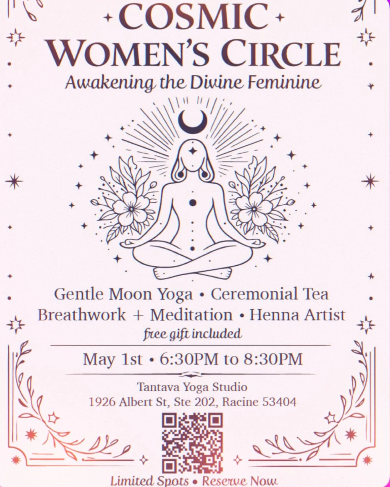 ✨🌕✨

What to expect:
A sacred evening of yoga, breathwork, meditation, tea &amp; henna. Connect, unwind, and awaken your inner calm.

Cosmic Moon Circle

Join us for a peaceful and intentional evening at Tantava Yoga on May 1, 2026 at 6:30 PM.

This