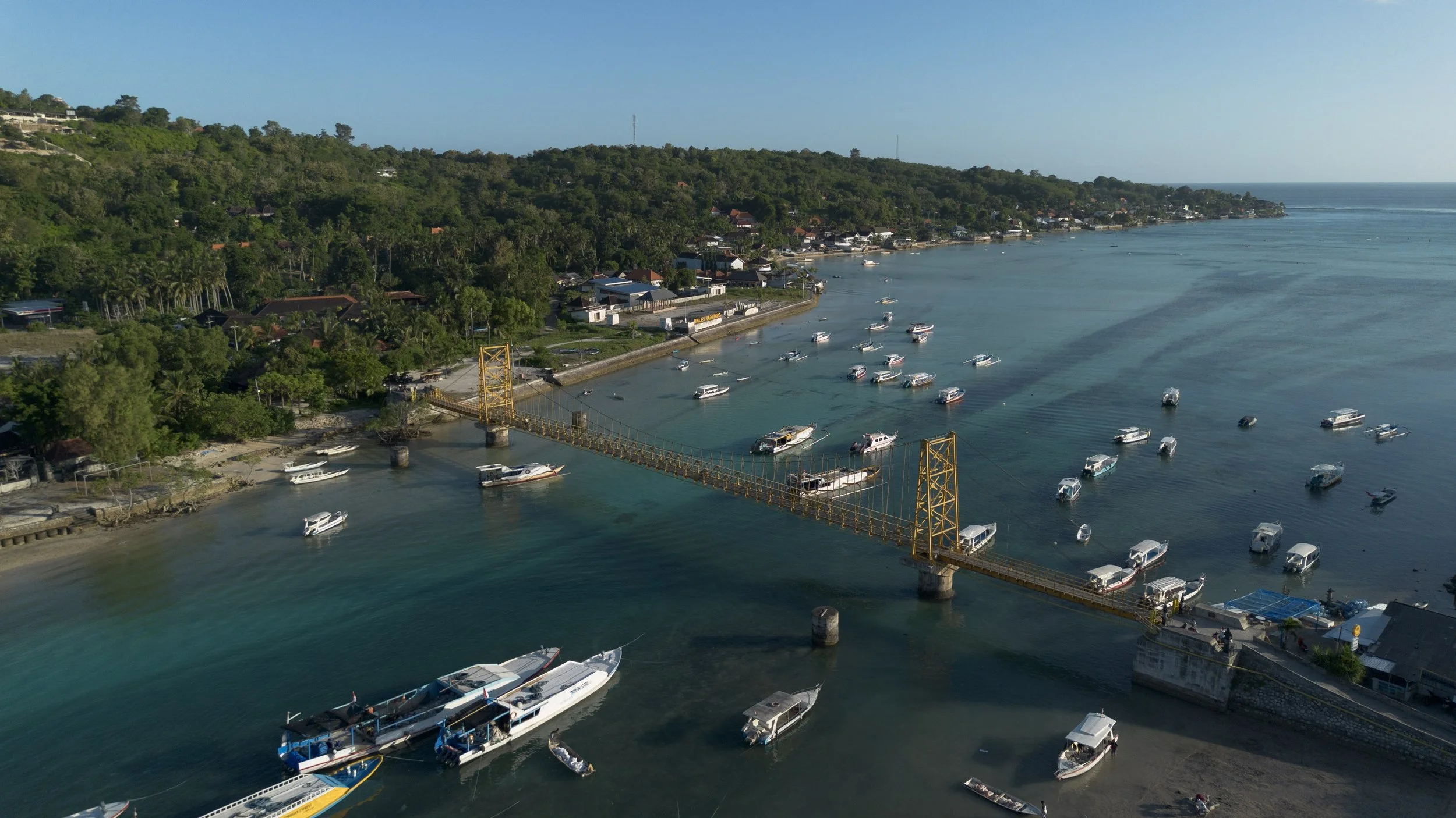 Paysage côtier avec un pont suspendu en arc jaune, de nombreux bateaux dans la mer et une végétation verdoyante en fond.