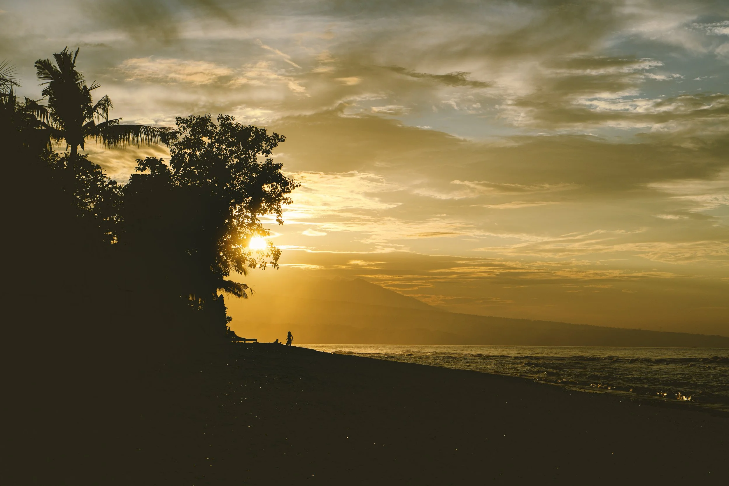 Coucher de soleil sur une plage avec des silhouettes d'arbres et une personne marchant au loin.