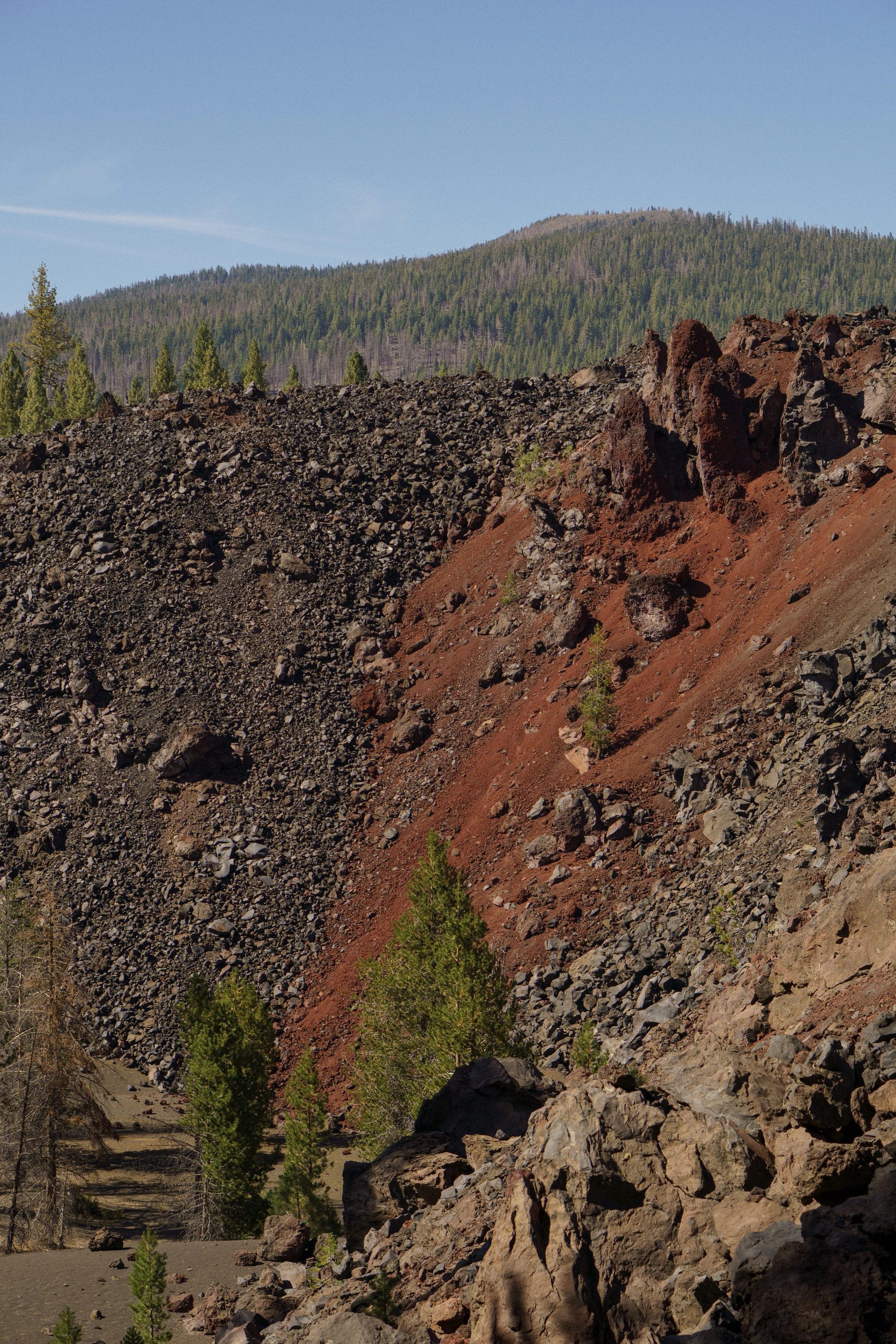 Paysage volcanique avec des rochers noirâtres et rougeâtres, quelques arbres verts et une montagne en arrière-plan sous un ciel bleu clair.