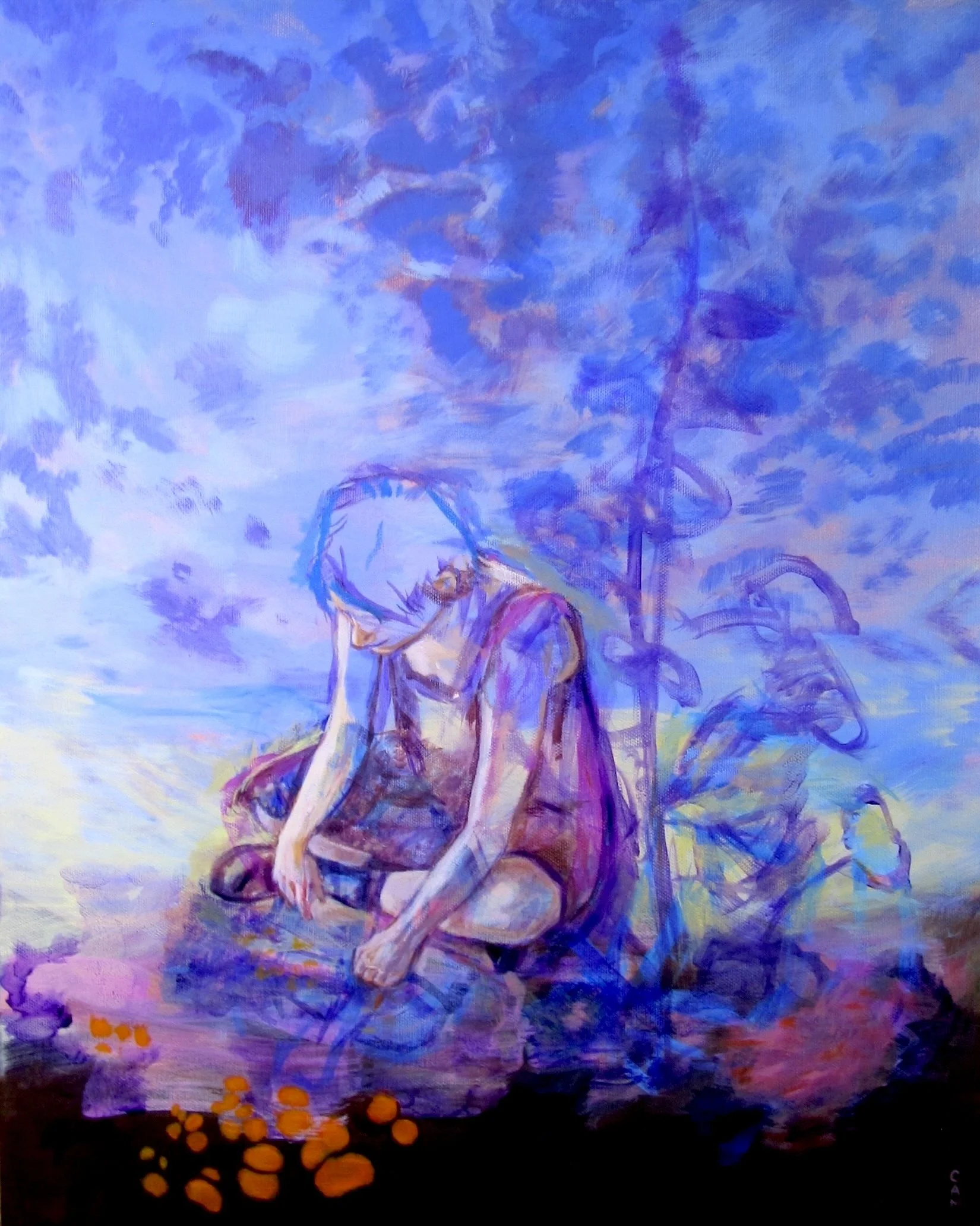 painting of a woman sitting next to patch of orange mushrooms with sunset background