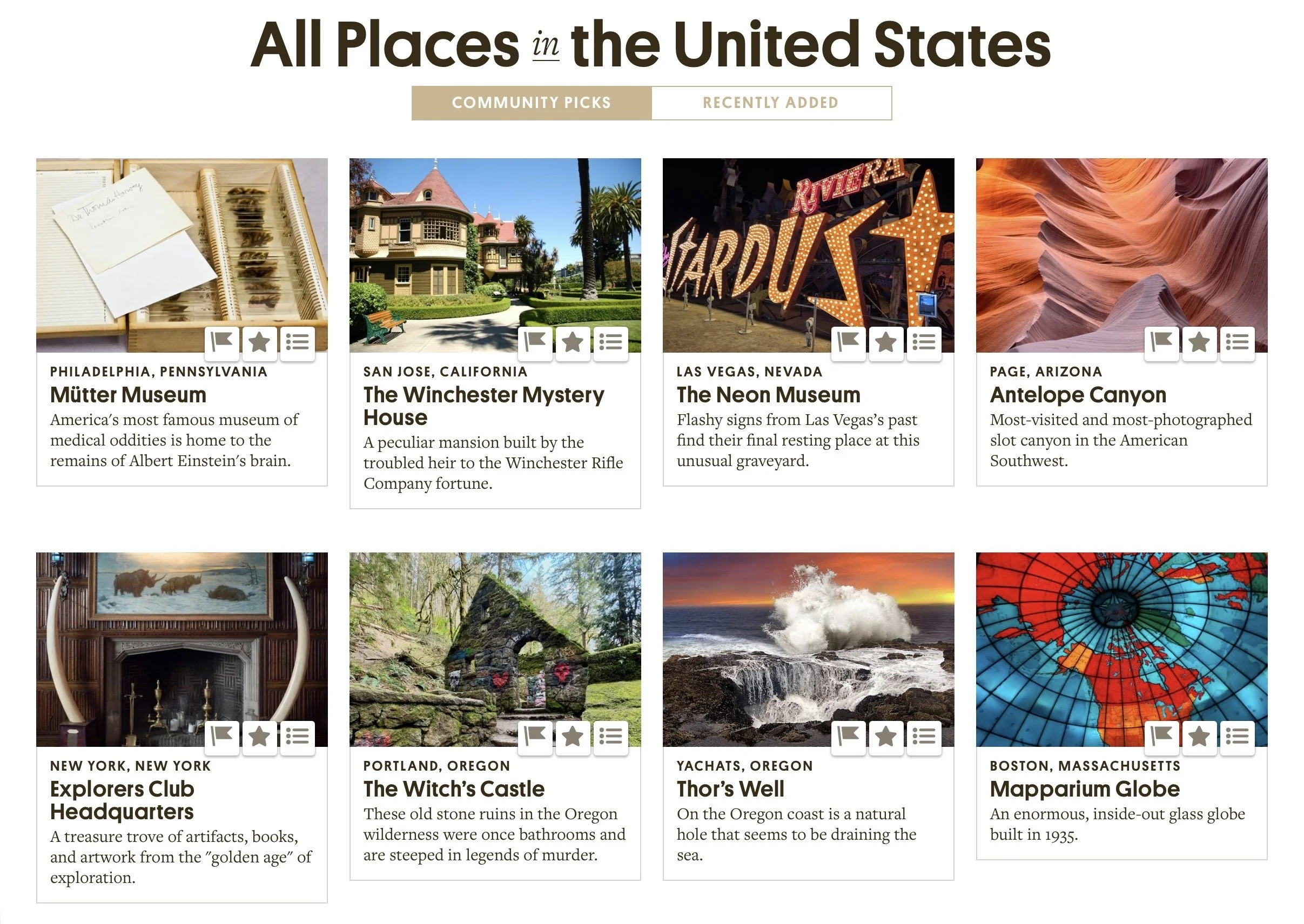 Screenshot of some places found on Atlas Obscura