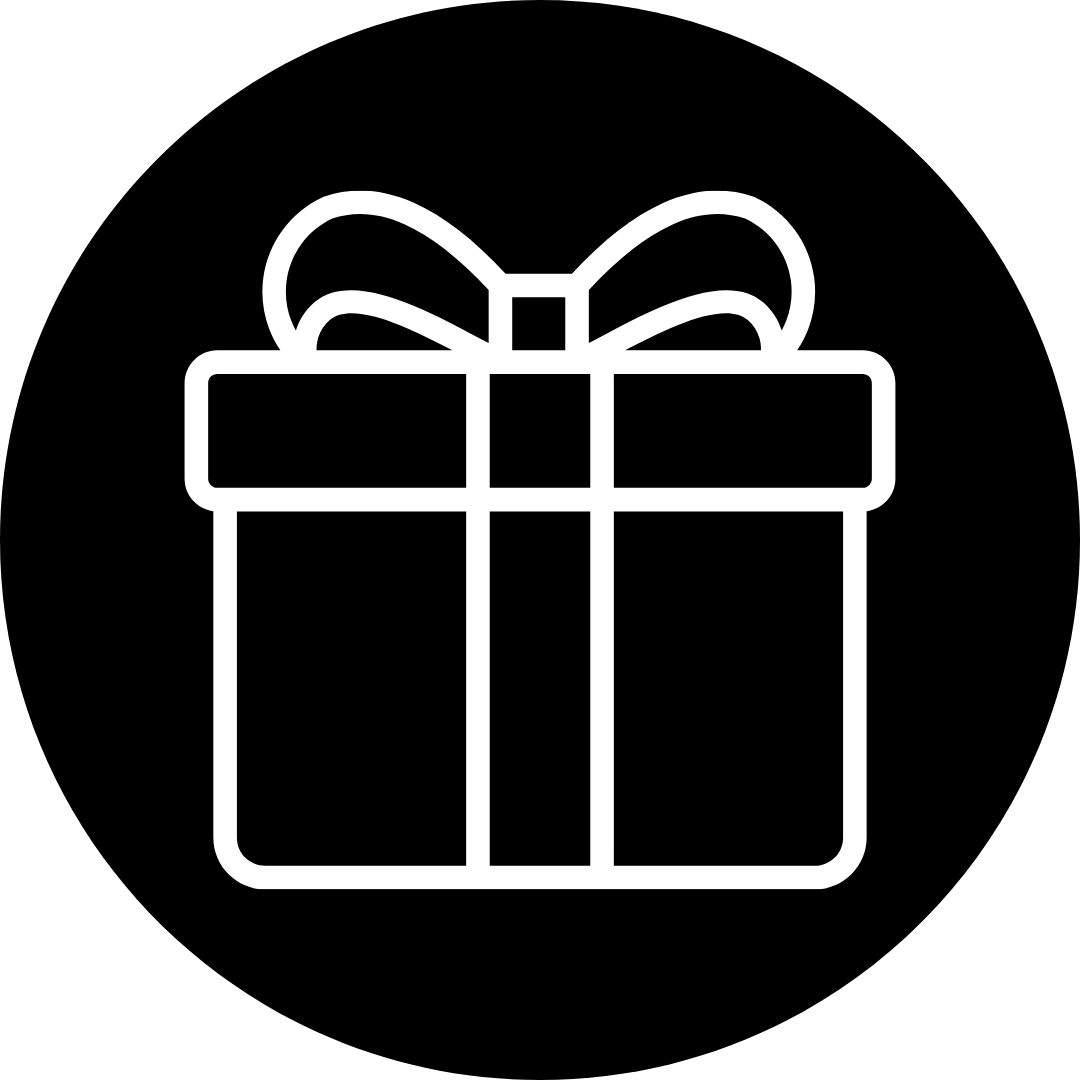 Outline of a wrapped gift box with a bow on top, black background.