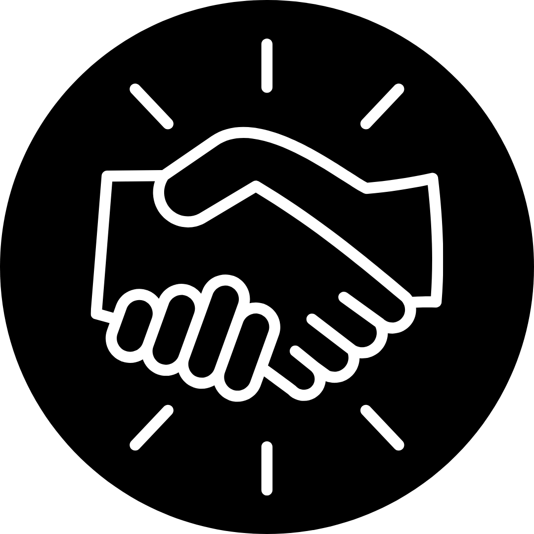 Outline icon of a handshake surrounded by lines indicating connection or agreement on a black background.