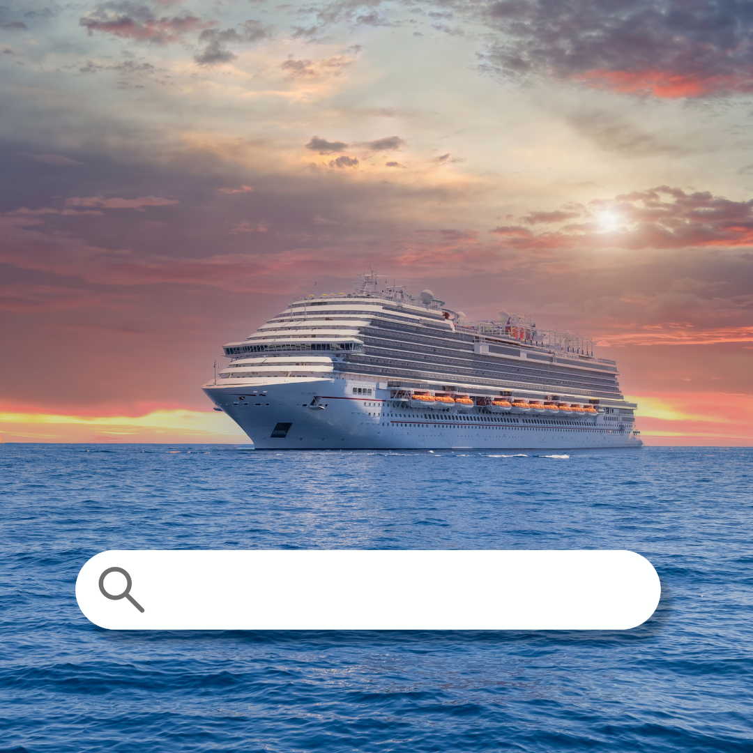 A large white cruise ship sailing on calm ocean waters at sunset, with a colorful sky of clouds and a setting sun in the background.
