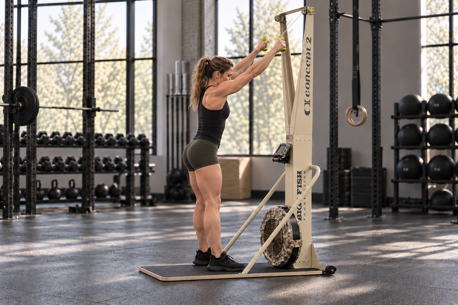 Woman standing tall with handles raised on the Big Fish Foundation custom SkiErg