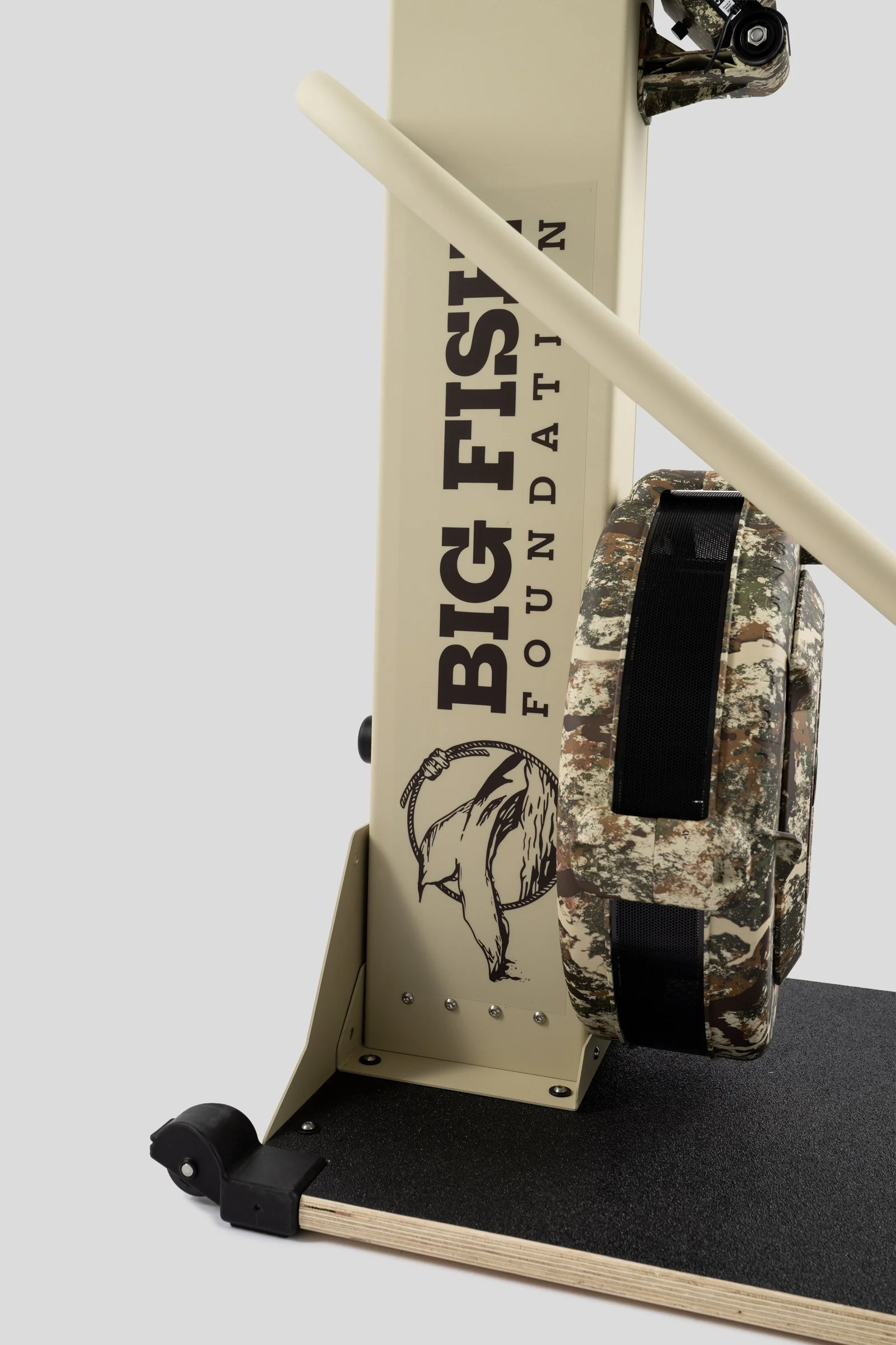 Side detail of Big Fish Foundation lettering and flywheel