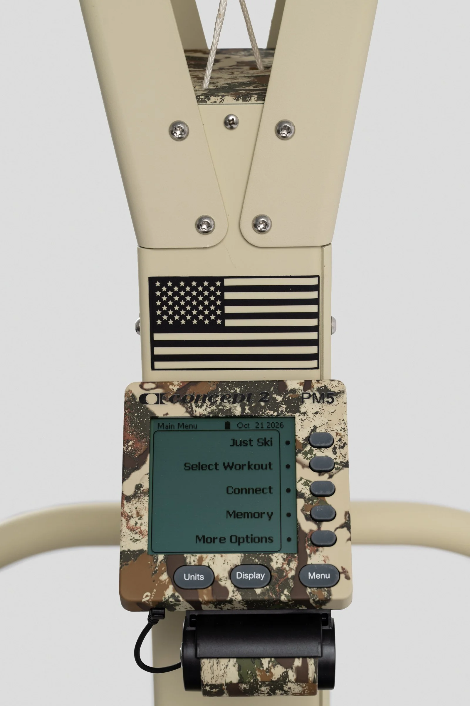 Front view of performance monitor and American flag graphic