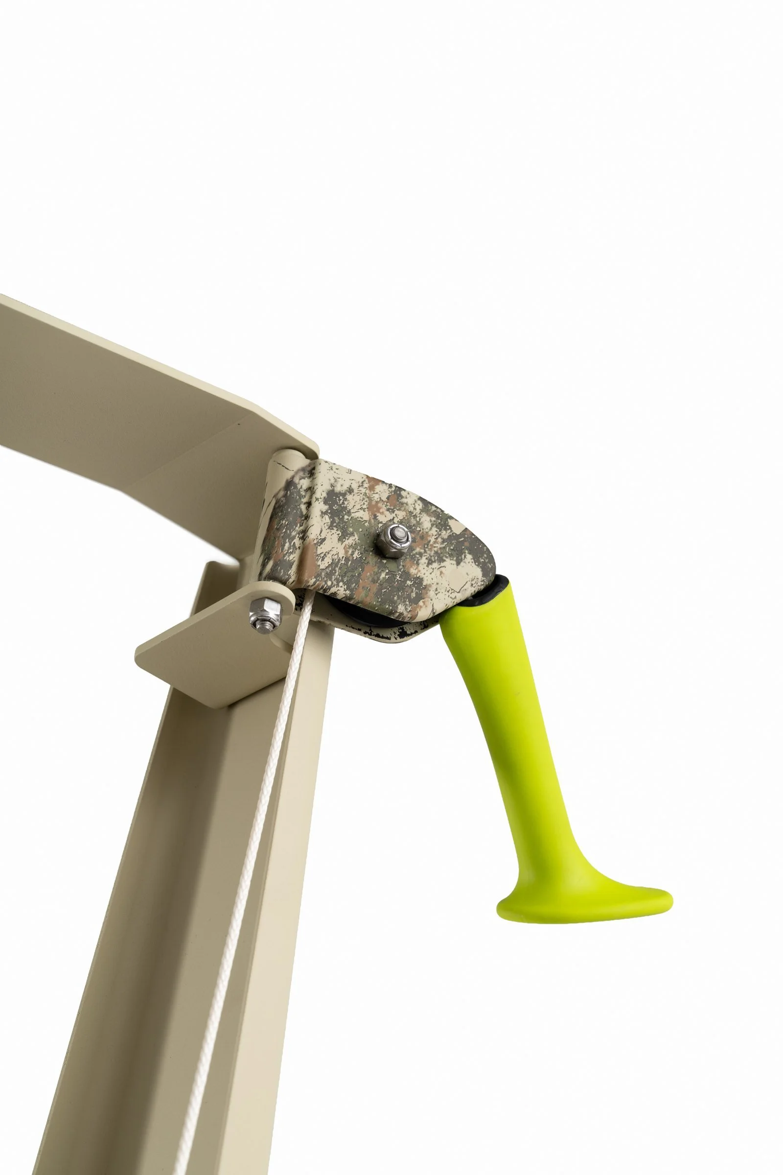 Close-up of a green SkiErg handle and mounting bracket