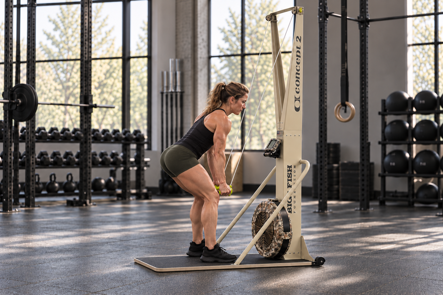 Woman completing the full downward pull on the Big Fish Foundation custom SkiErg