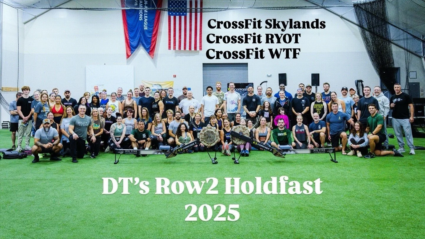 Participants from CrossFit Skylands, CrossFit RYOT, and CrossFit WTF pose together at DT’s Row 2025.
