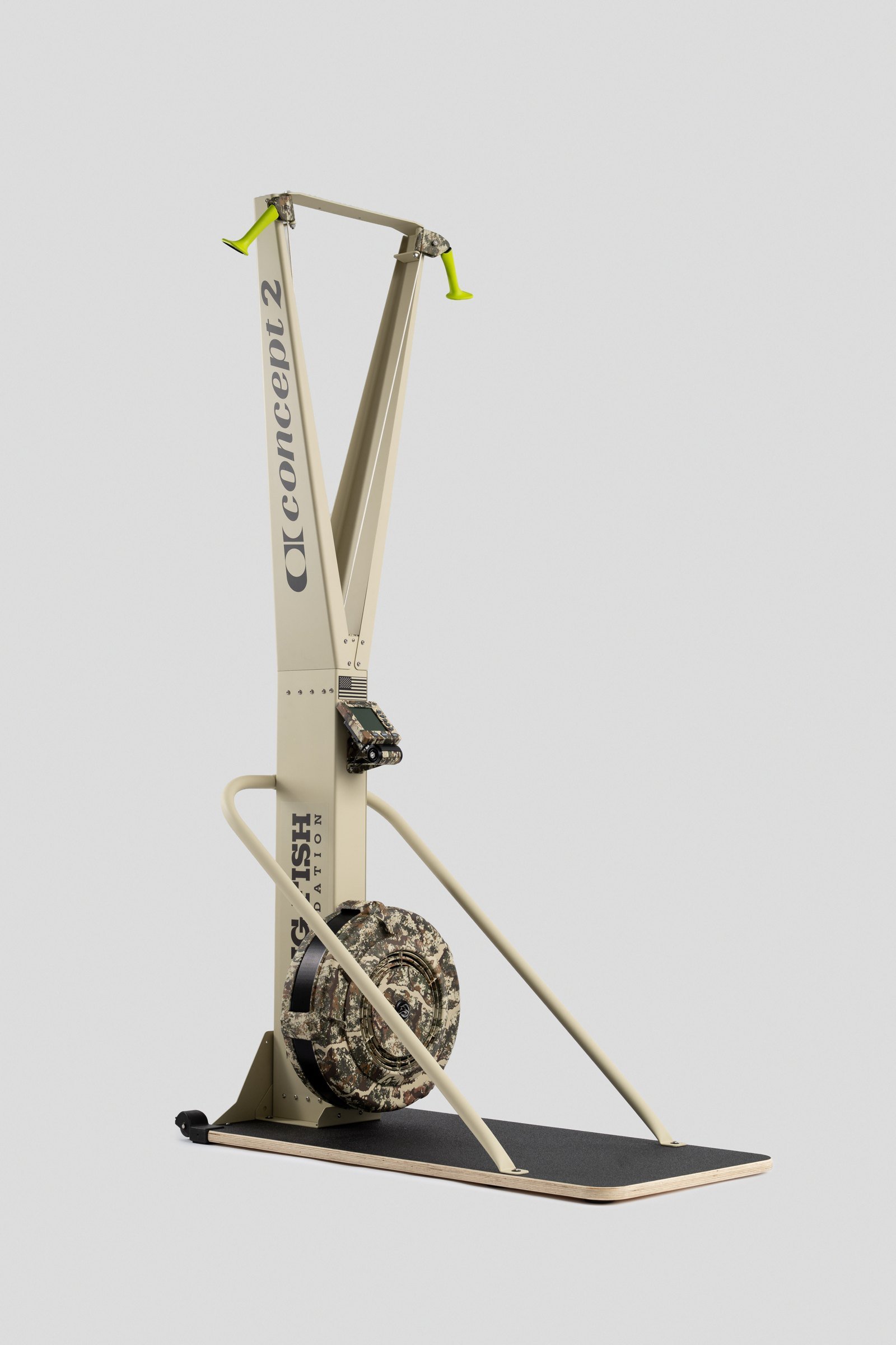 Three-quarter view of the custom SkiErg and floor stand