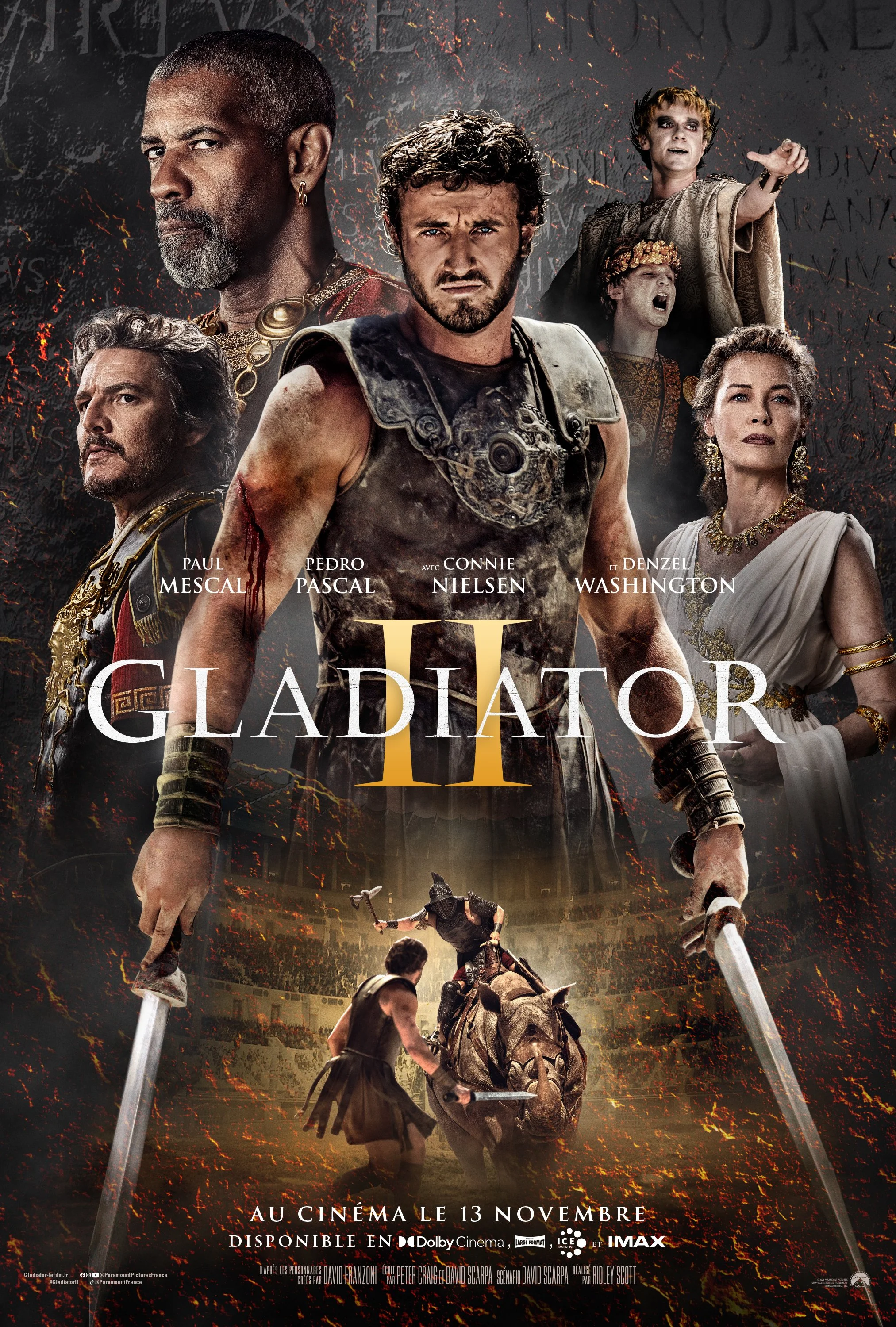 Poster for the movie Gladiator featuring the main characters in Roman-style costume, with a gladiator fighting scene at the bottom and the title "Gladiator II" in large font.
