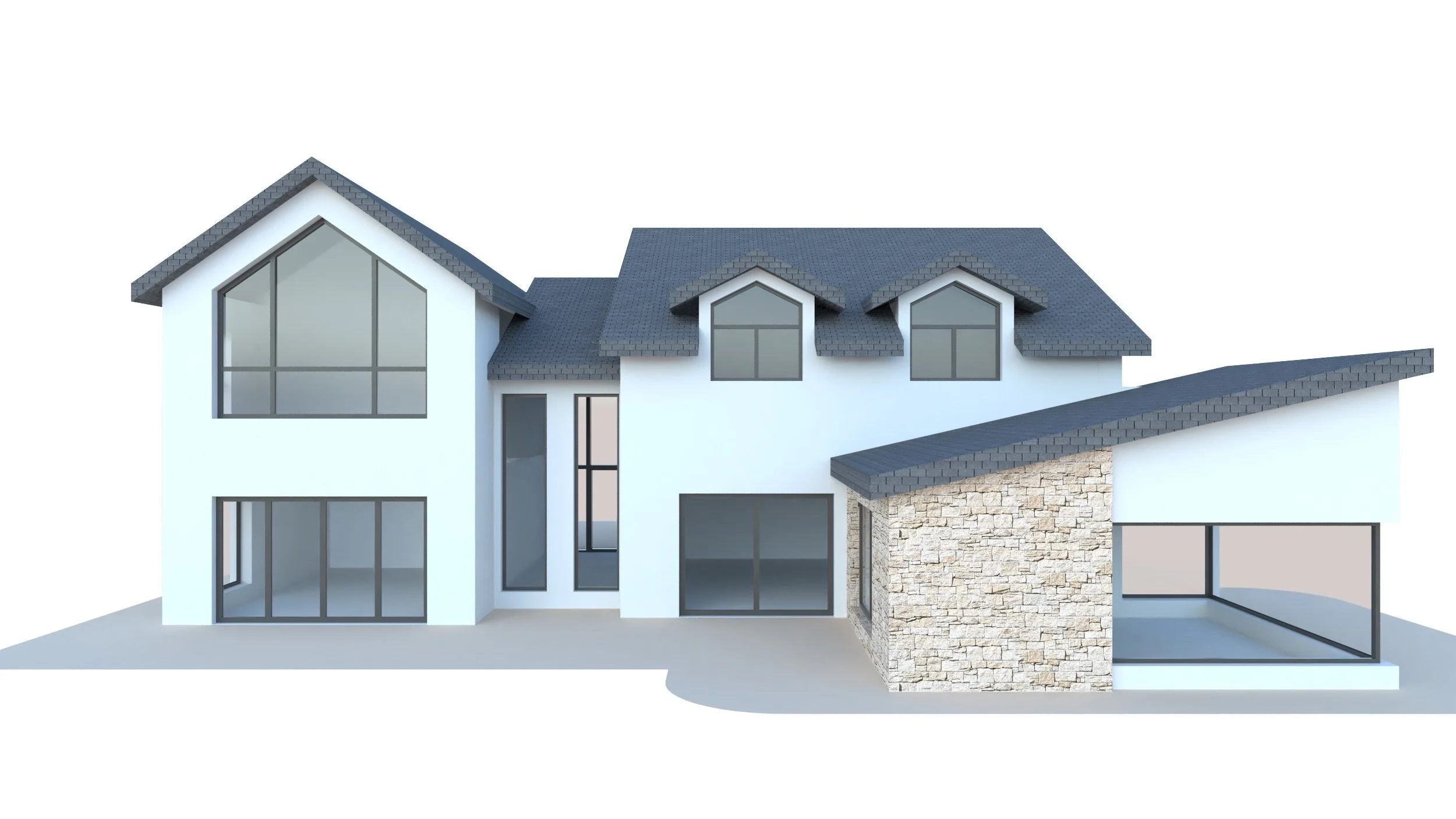 Modern multi-story house with large windows, gray roof, and a stone accent wall on the right side.