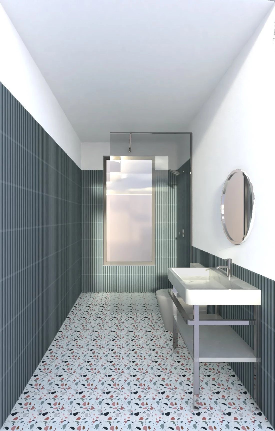 Modern bathroom with terrazzo floor, green tiled walls, a white sink, oval mirror, and window.