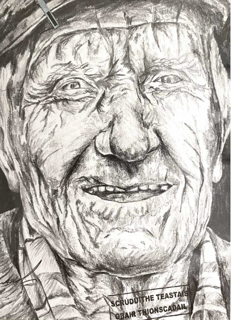 Black and white drawing of an elderly man's face with detailed wrinkles, prominent nose, and open mouth. He is wearing a striped tie and a badge that reads, "SCRUBBED THE TEASAPOS BAR THIONSCADAII."