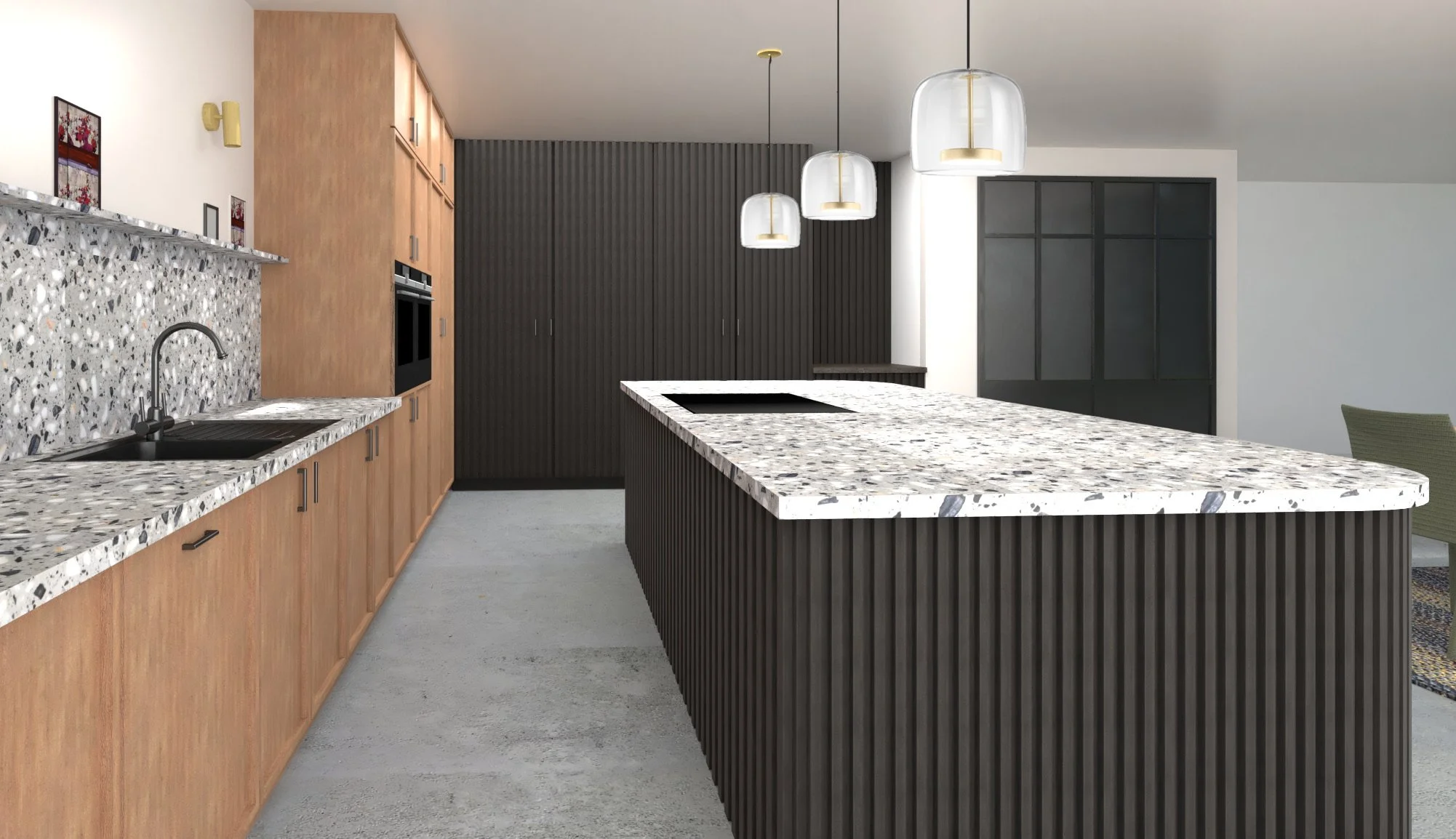 Modern kitchen with black fluted cabinets, wooden cabinetry, and terrazzo countertops and island with textured vertical paneling.