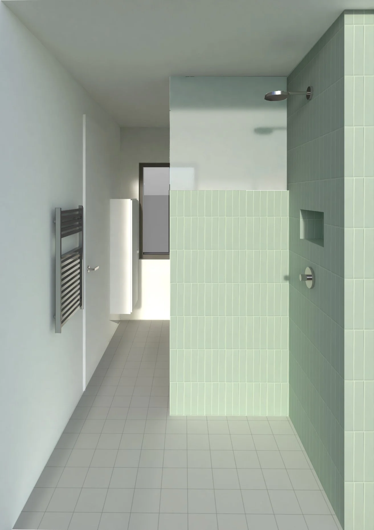 A minimalistic bathroom with white tiled floor, a window, and a shower area separated by a half wall, with a showerhead and control on the tiled wall.