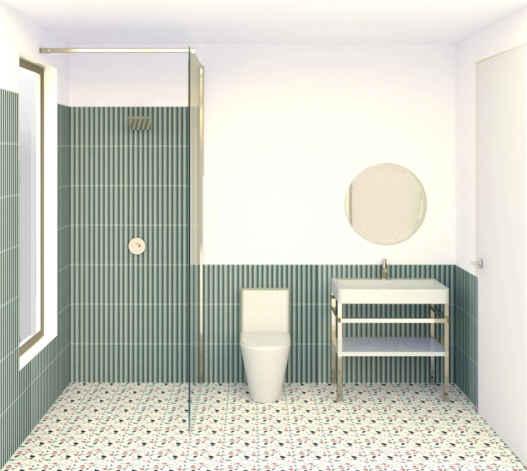Modern bathroom with green striped tiles, white toilet, small vanity with sink and mirror, terrazzo floor, and a window.