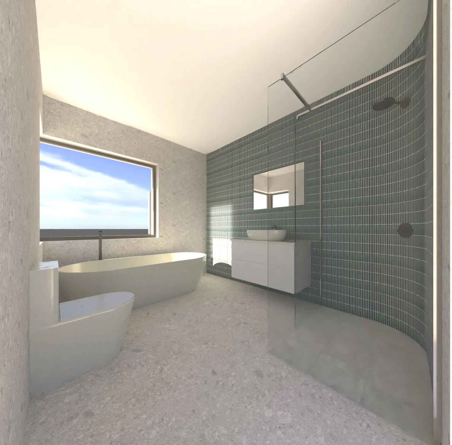 Modern bathroom with a standalone bathtub and a separate shower area with green mosaic tiles, white vanity with vessel sink, and a large window showing a blue sky with clouds.