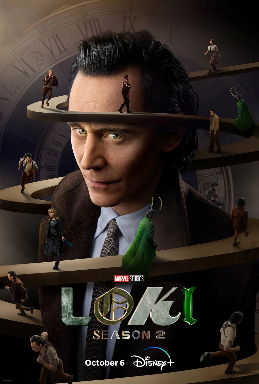 Poster for Marvel Studios' Loki Season 2 featuring a large image of Loki with his face and hairstyle, surrounded by miniature characters walking on spiral paths, with a background of a clock face.
