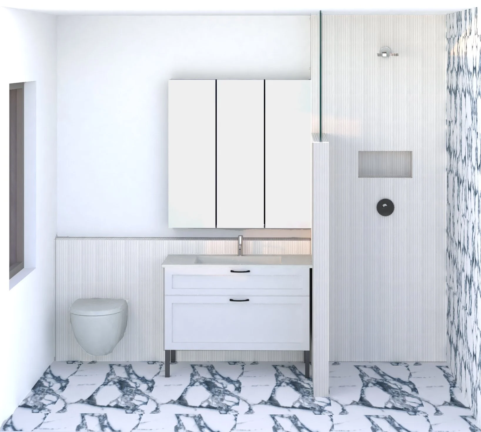 Modern bathroom with white walls, marble patterned floor, wall-mounted toilet, white vanity with black handles, mirror cabinets, and a shower area with partial glass partition.