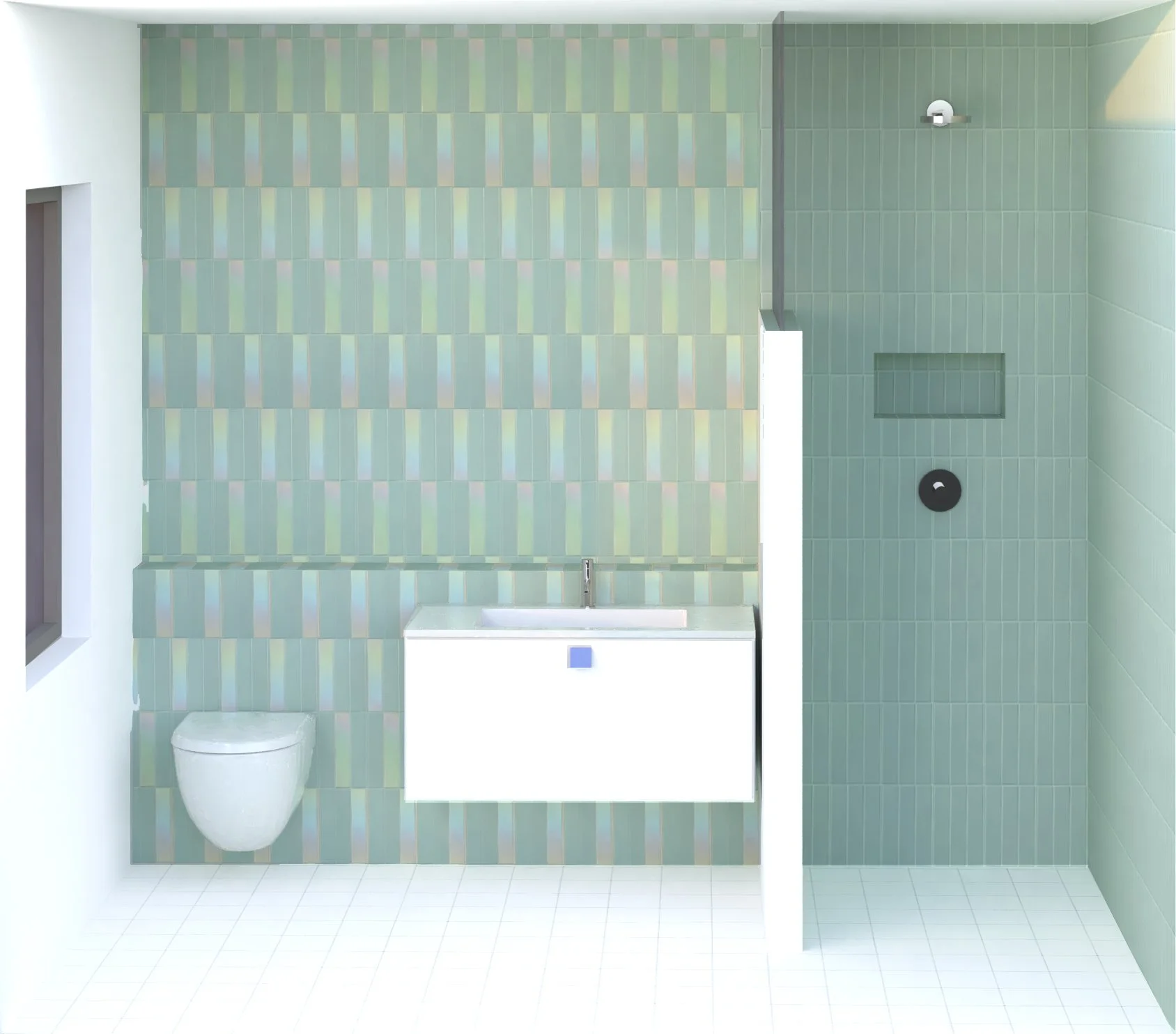Modern bathroom with green iridescent tile accent wall, white wall-mounted toilet, white sink with a cabinet, and a walk-in shower with green tile walls, showerhead, and a built-in niche.