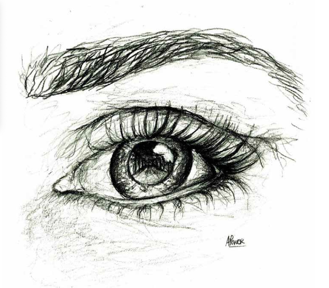 A detailed pencil sketch of a human eye with an iris shaped like a camera lens.