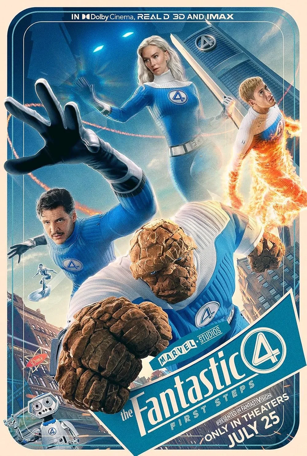 Poster for the movie 'Fantastic Four: First Steps' featuring four characters in superhero costumes with one transformed into a rocky creature, a robot, and a woman with glowing hand, set against a cityscape background.